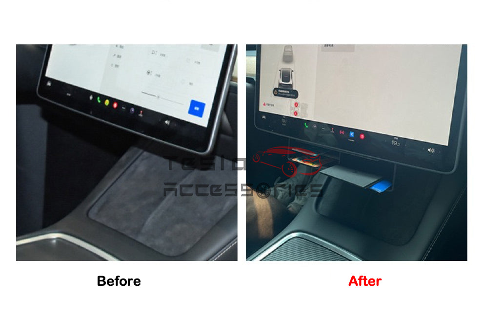 Tesla Model Y storage box under navigation screen - Before and After